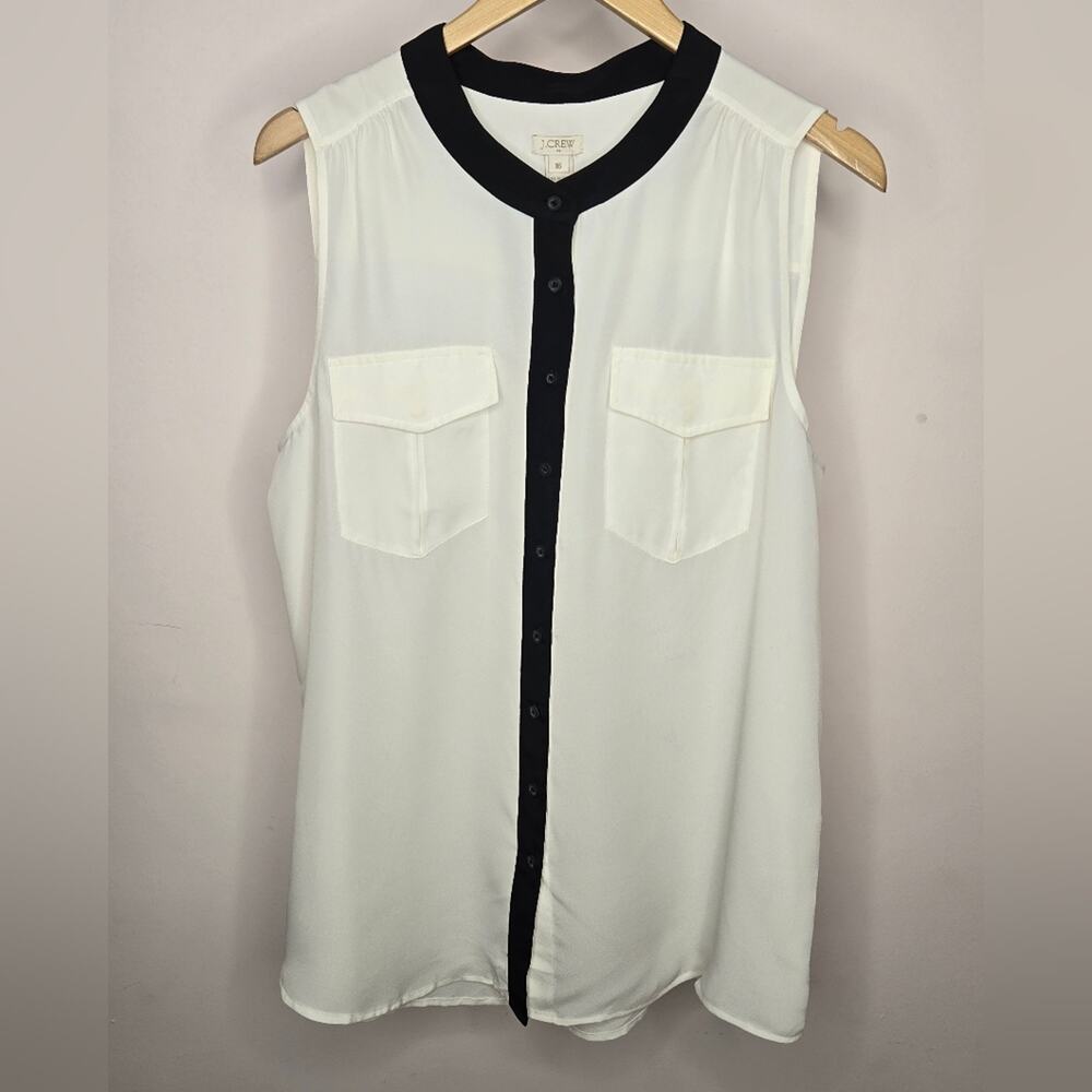 JCrew Women's Sleeveless Offwhite Cream Blouse w/ Black Trim Pockets NWT Size 16
